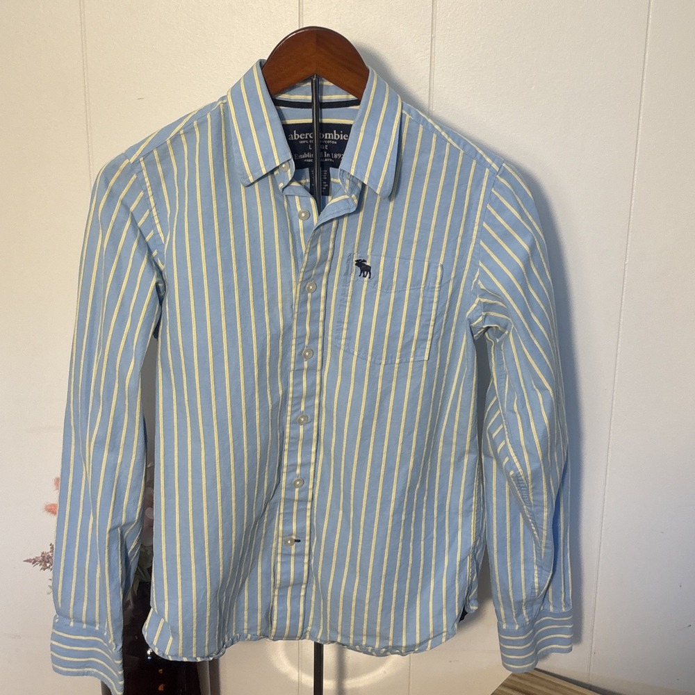 Abercrombie & Fitch Light Blue/Yellow Striped Long Sleeve Boys Buttons Sz Large